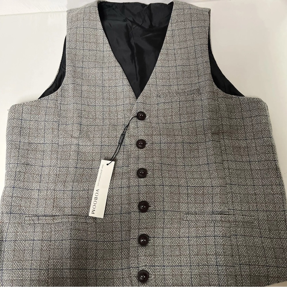 VOBOOM Men's V-Neck Slim Fit Dress 6-Button Waistcoat Suit Vest in Gray Plaid